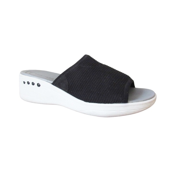 Easy Spirit Brownie2 Wedge Slide Sandals 9.5 Black Slip On Stretch Upper Comfort - Picture 1 of 9